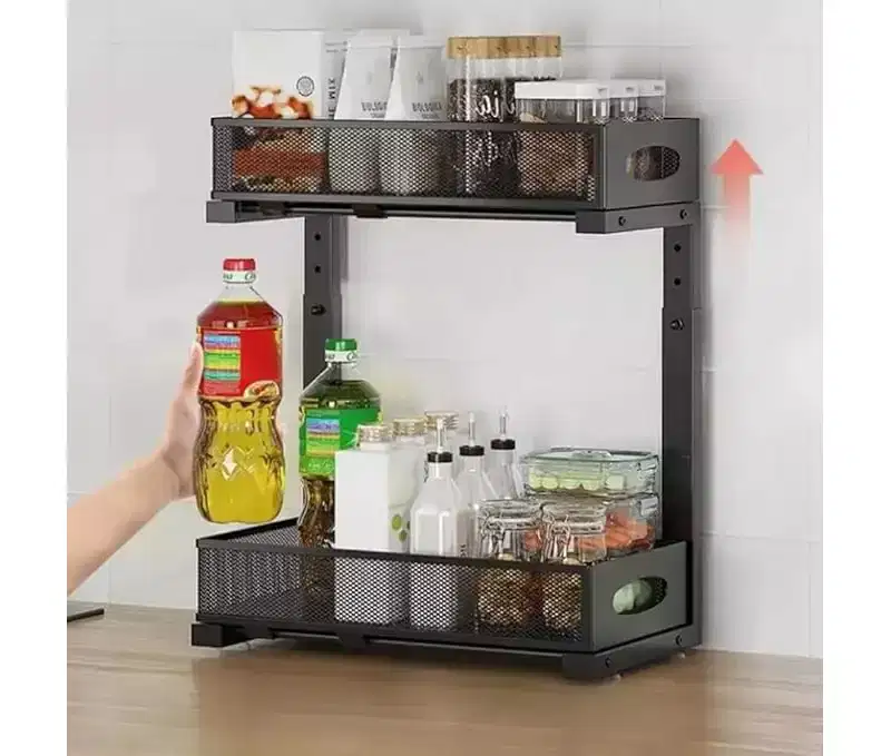 2-Tier Upgraded Under-Sink Organizer, Slide-Out Mesh Metal Drawer, Pull-Out Cabinet Spice Basket, Multi-Functional Shelves for Kitchens