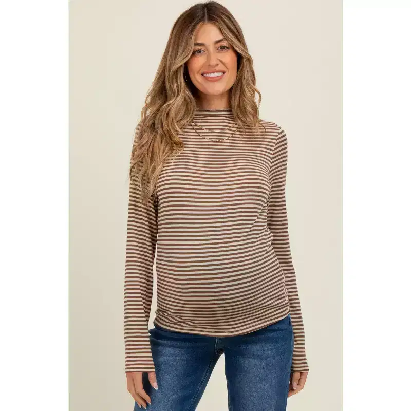 Pinkblush Mocha Striped High Neck Maternity Long Sleeve Top