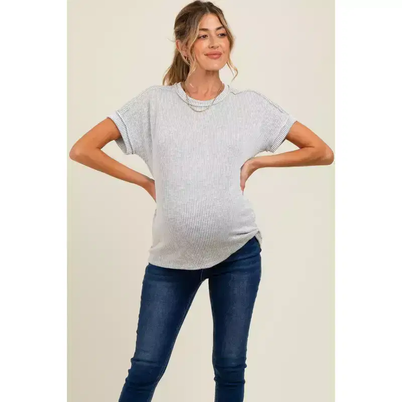 Pinkblush Heather Grey Ribbed Exposed Seam Maternity Short Sleeve Top