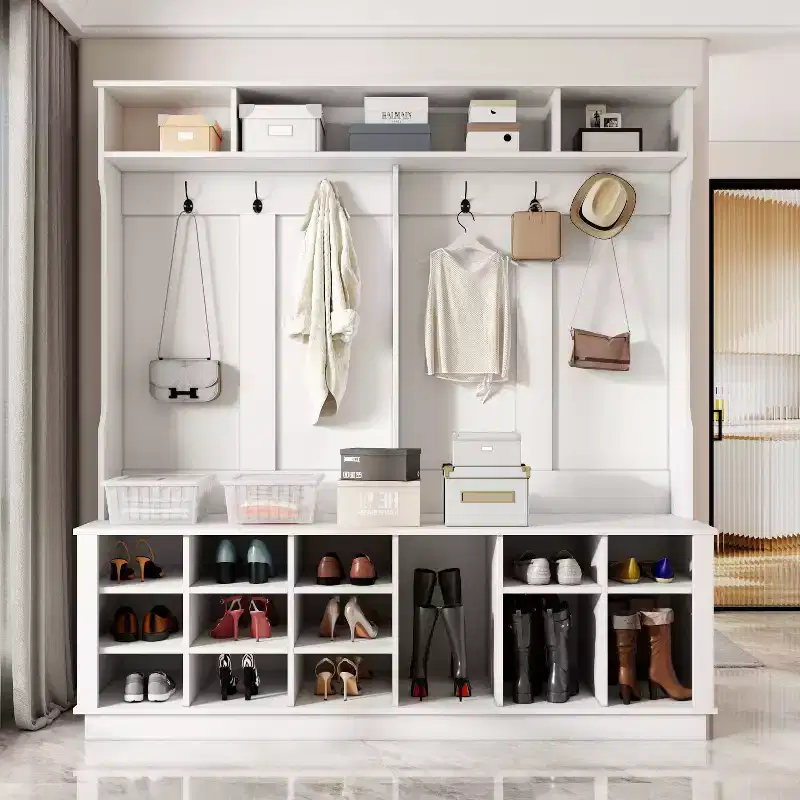 Famapy White 63W 18 Shoe Cubbies Wide Hall Tree With Hooks