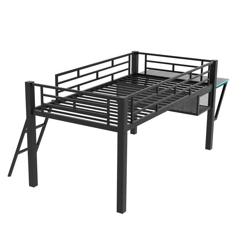 Twin/Full Size Gaming Mid Loft Bed with Gaming Desk and LED Lights, Low Metal Loft Bedframe with Ladder for Kids Teens