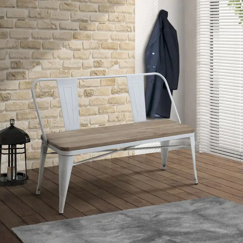 Industrial Metal 47-Inch Backed Dining Bench | Upholstered Seat | Rustic Style