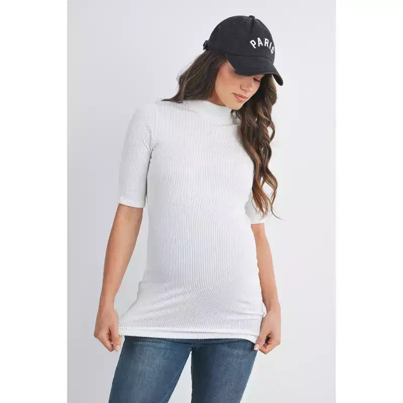 Hello Miz Women's Ribbed Mock Neck Elbow Sleeve Maternity Top