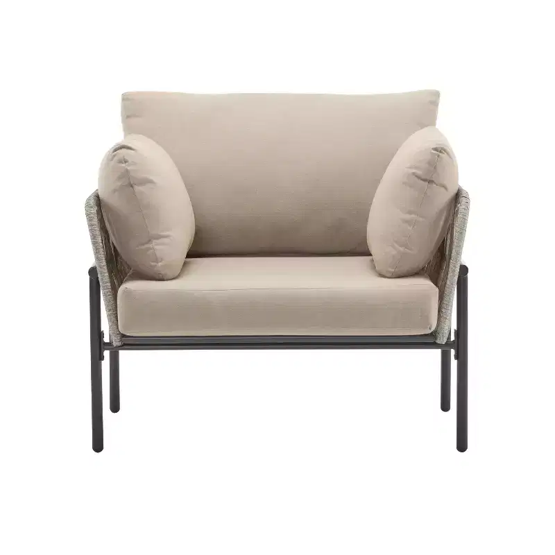36W Patio Accent Chair Lounge Chair Arm Chair with Cushions, Pillows and Stylish Rope-Weave Design, Iron, Beige+Grey/Natural-ModernLuxe