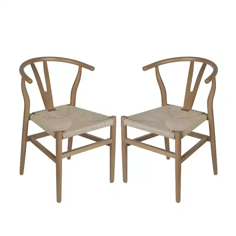 Set of 2 Stackable Y-Back Dining Chairs with Solid Wood Frame & Woven Kraft Paper Rope Seats