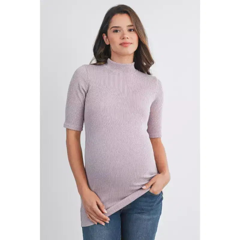 Hello Miz Women's Ribbed Mock Neck Elbow Sleeve Maternity Top