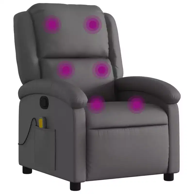 vidaXL Massage Recliner Chair - Real Leather, Gray - Manual Recliner with 6-Point Vibration Massage, USB Powered