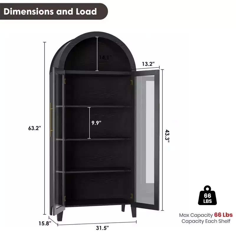 63.2 Arched Kitchen Pantry Storage Cabinet - Farmhouse 5 Tier Display Shelf with 2 Large Glass Doors, for Kitchen, Dining Room, Living Room