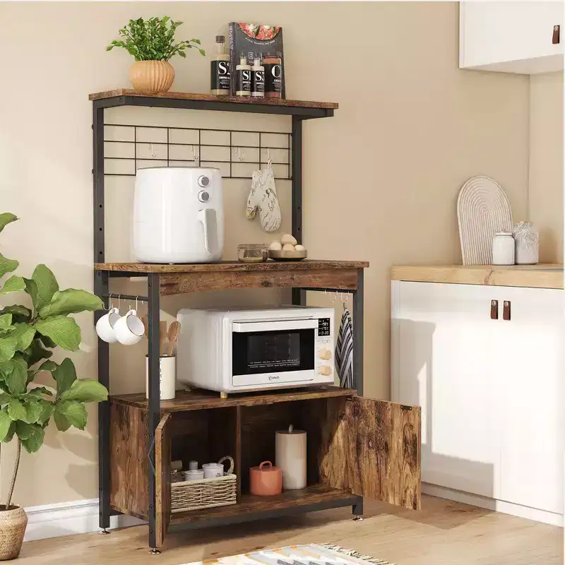 Bestier Height-Adjustable Microwave Stand Baker's Rack with Cabinet, Kitchen Storage Shelves, Microwave Oven Stand, Coffee Bar with Hooks&Wheels
