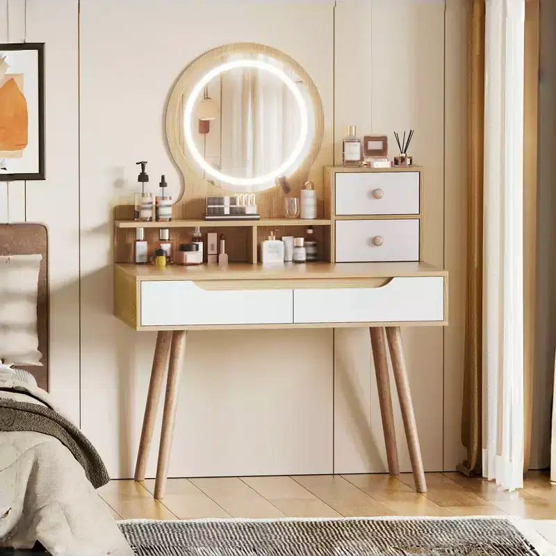 Makeup Vanity with LED Lights, 4 Drawers & 3 Shelves, Solid Wood Frame