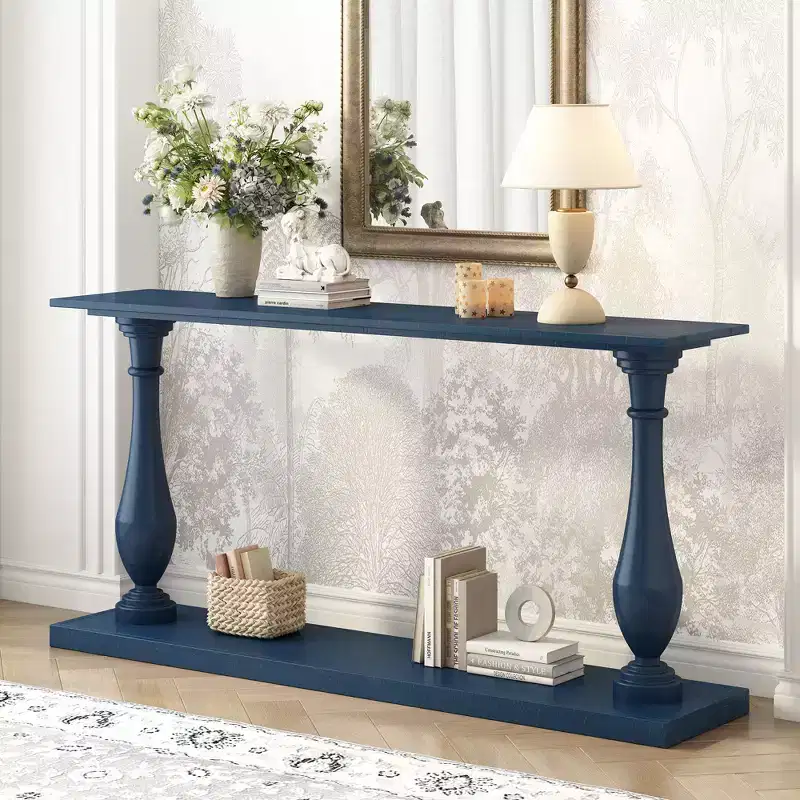 Okak 63IN Vintage Entryway Table with Pine Veneer, Console Table with Elegant Tapered Legs and Open Shelf, Hallway Table for Living Room, Blue