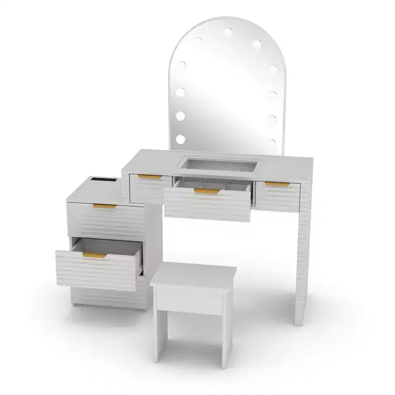 AEELLEEA Makeup Vanity Desk with Mirror Lights Glass Tabletop Vanity Table Modern Makeup Desk with Drawers for Bedroom White US Plug