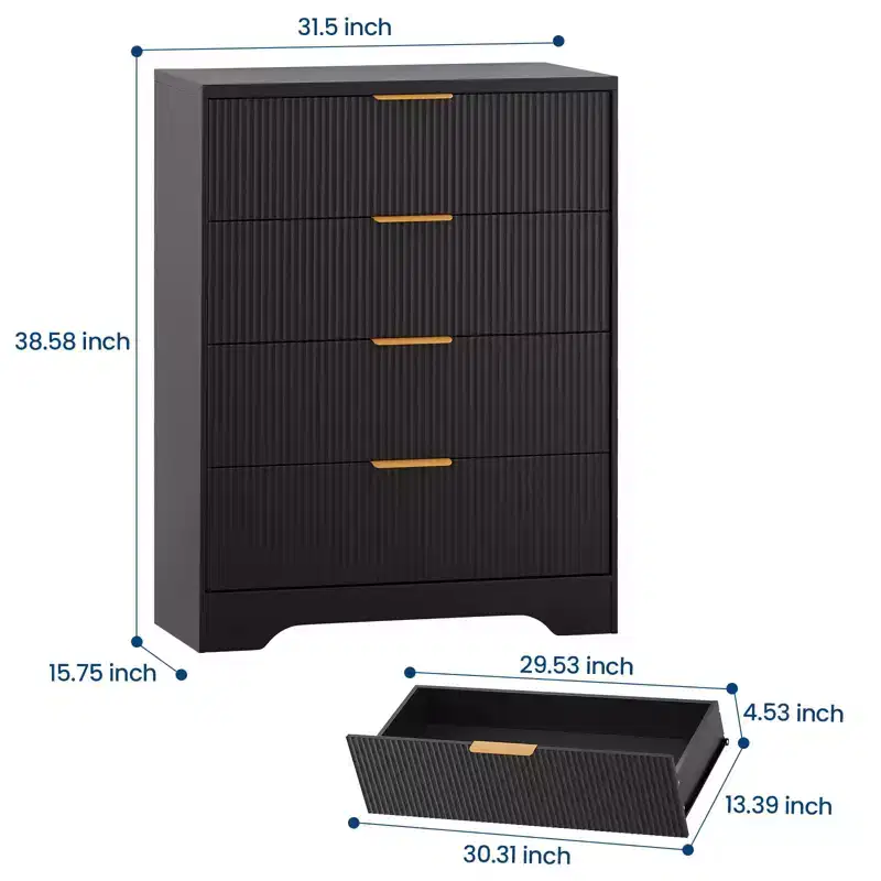 Fluted Dresser for Bedroom with 4 Drawers, 38.6 in Tall Modern Dresser with Gold Metal Handles, Wide Chest of Drawers for Hallway, Closet