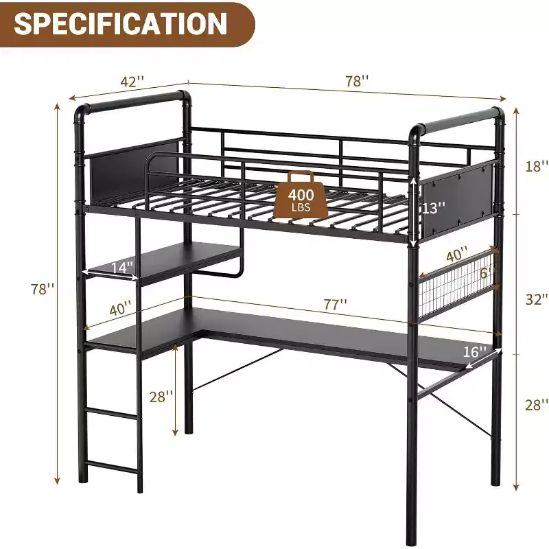 Loft Bunk Bed with L-Shaped Desk,Twin Loft Bed with Desk Underneath, Metal Bunk Beds with High Guardrail and Ladder,Easy Assembly