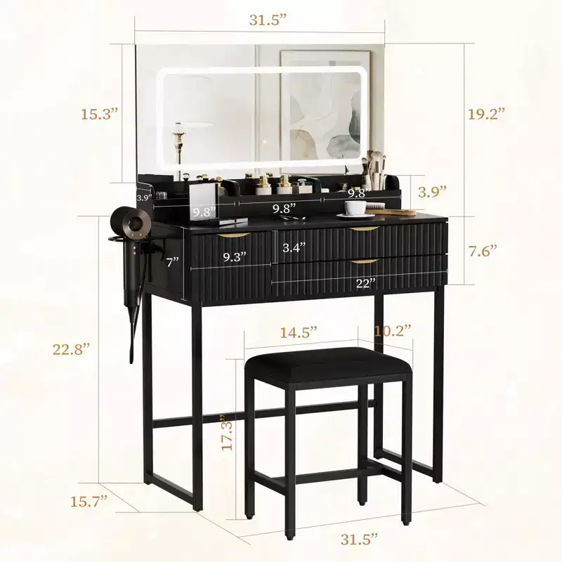 Vanity Desk with Mirror and Lights, LED Lighted Mirror Design, Ample Storage Drawers for Cosmetics and Toiletries Organization
