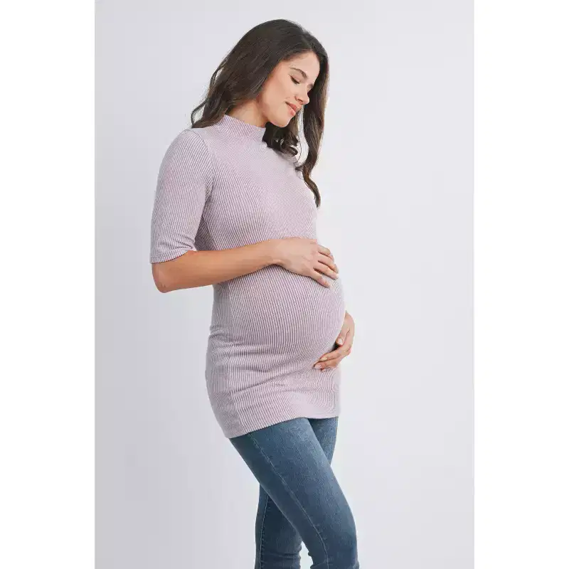 Hello Miz Women's Ribbed Mock Neck Elbow Sleeve Maternity Top