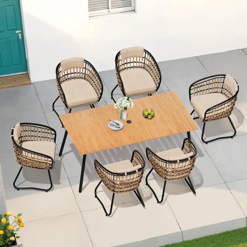 7-Piece Set Outdoor Patio Aluminum Dining Table and PE Rattan Wicker Dining Chairs