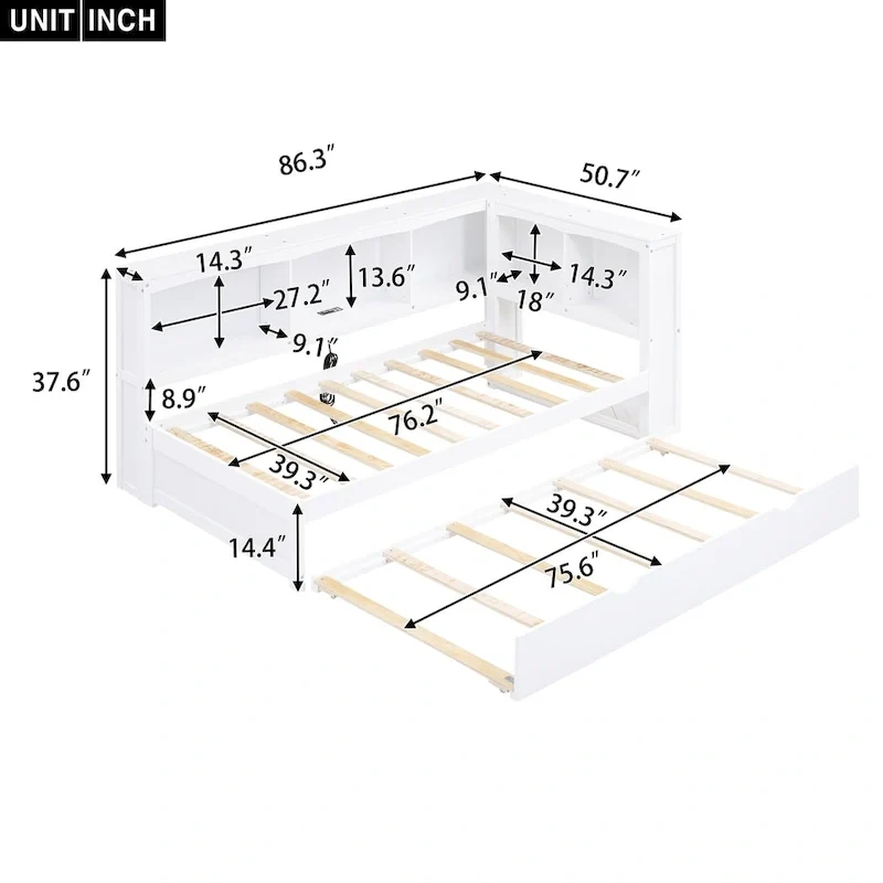 Twin Wooden Daybed with Trundle, Cabinets, and Charging Stations