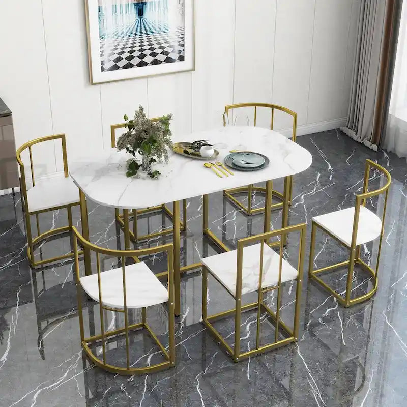 Golden+White 7-Piece Metal Frame Dining Table Set with Half-Round Table & 6 Chairs