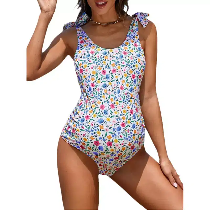 Coolmee Women's Maternity Boho Floral One Piece Swimsuit Tie Shoulder Bathing Suits Pregnant Swimwear Beachwear