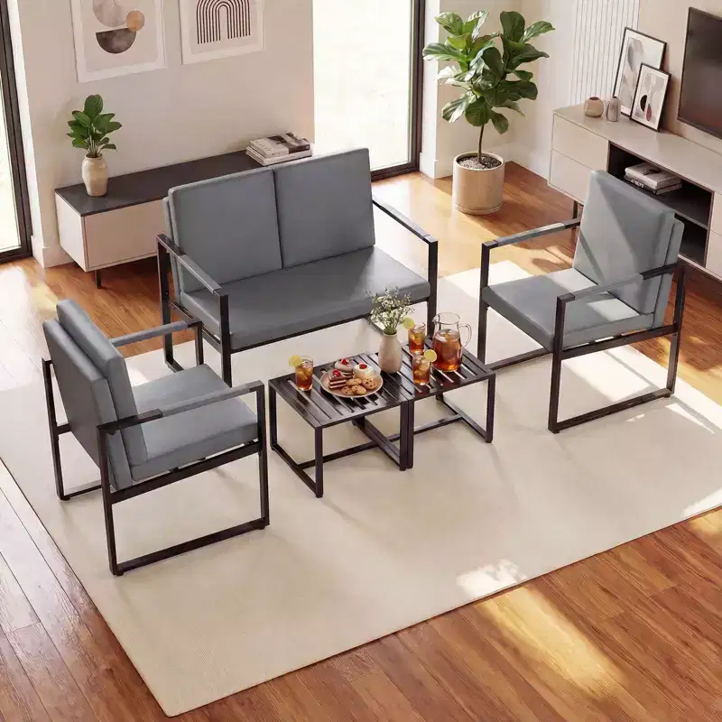 Modern 2-Seater Loveseat Sofa with Solid Metal Frame & Removable Back Cushions, Brown/Gray + Black