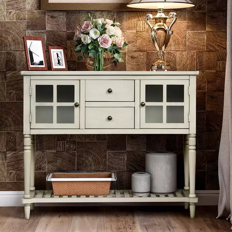 Farmhouse Style Console Table with Wood and Glass, Sideboard Buffet Storage Cabinet with Drawers and Shelf for Living Room, Hallway, Entryway