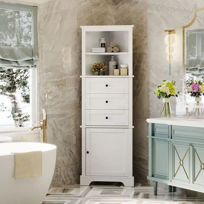 White Triangle Tall Cabinet with 3 Drawers and Adjustable Shelves for Bathroom, MDF Board with Painted Finish
