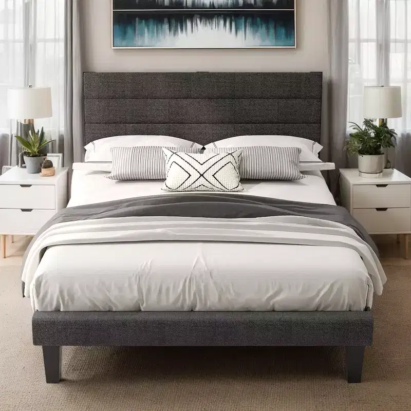 Twin Size Upholstered Bed Frame, Platform Bed with Headboard Gray