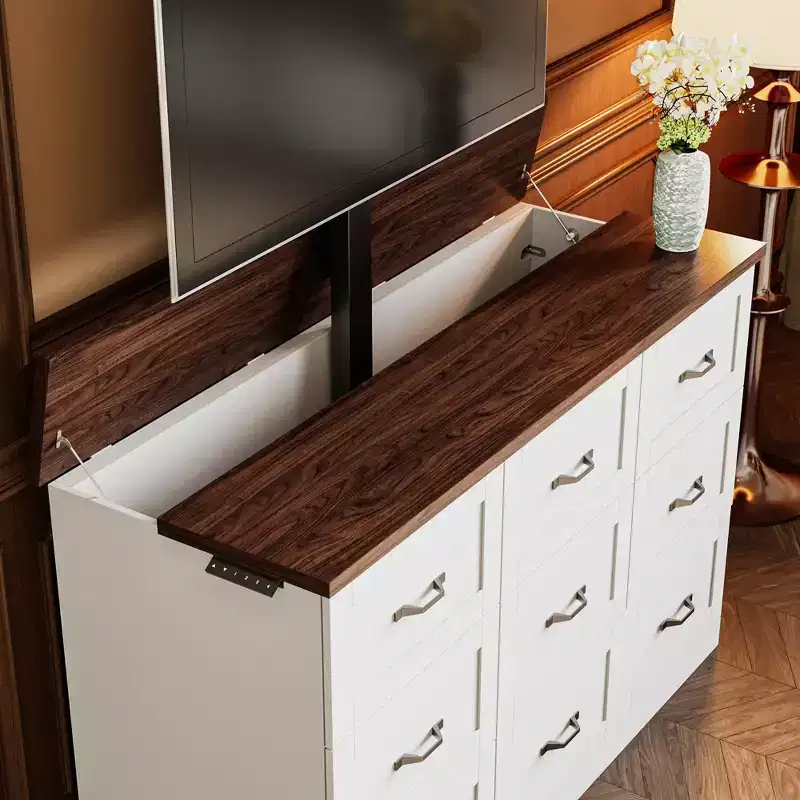 9-Drawer Electric Gaming Cabinet, Height-Adjustable TV Stand Entertainment Center with 2 Power Outlets & Split Desktop TV Storage Unit