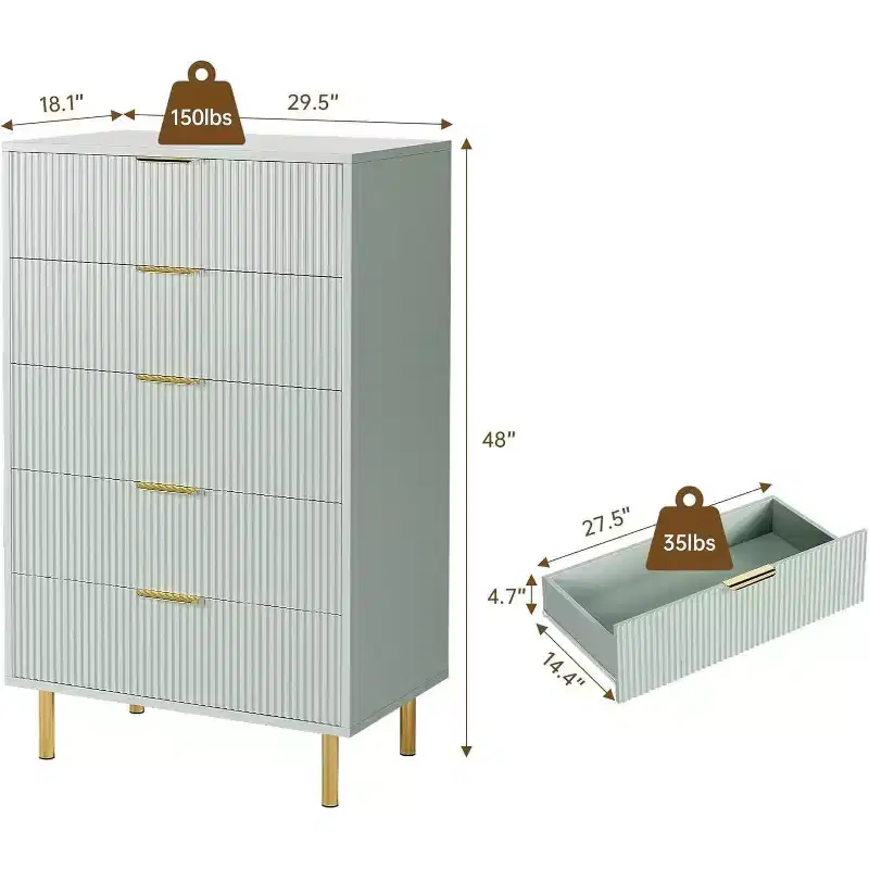 5 Drawer Dresser, Wood Chest of Drawers Organizer Storage with Gold Handle, Modern Design Dresser for Bedroom, Living Room