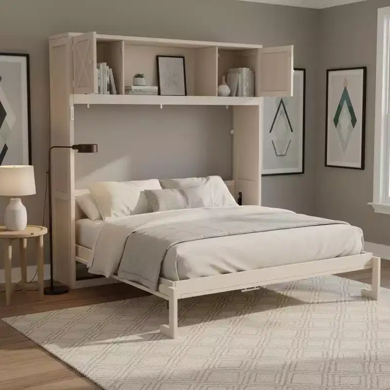 Polibi Full Size Murphy Bed with Overhead Storage & Decorative Cabinet Doors