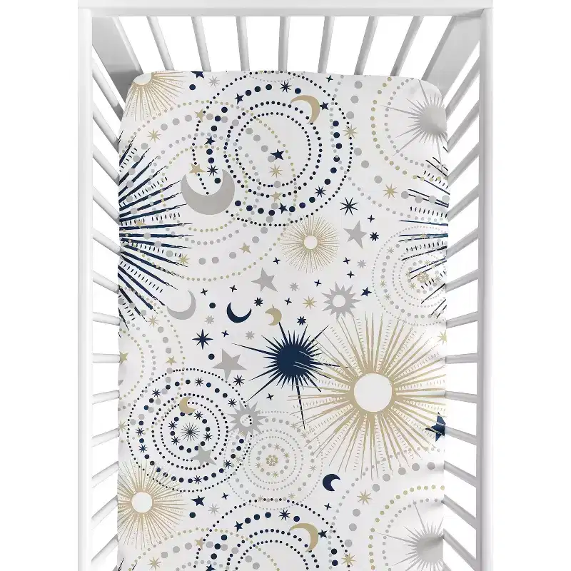 Sweet Jojo Designs Gender Neutral Baby Fitted Crib Sheet Celestial Navy Blue Gold and White
