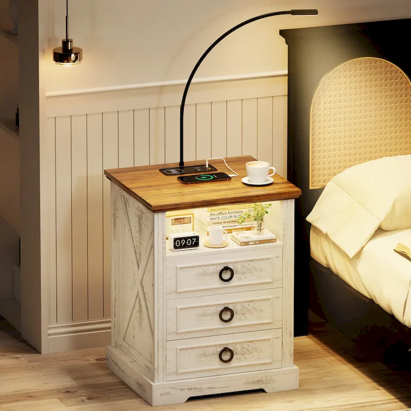3-Drawer Nightstand with LED & Reading Light – Off-White / Brown / Dark Oak / Antique White