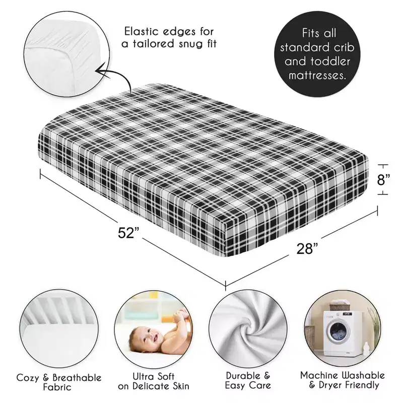 Sweet Jojo Designs Boy, Girl, Unisex/Gender Neutral Baby Fitted Crib Sheet Gingham Plaid Black and White