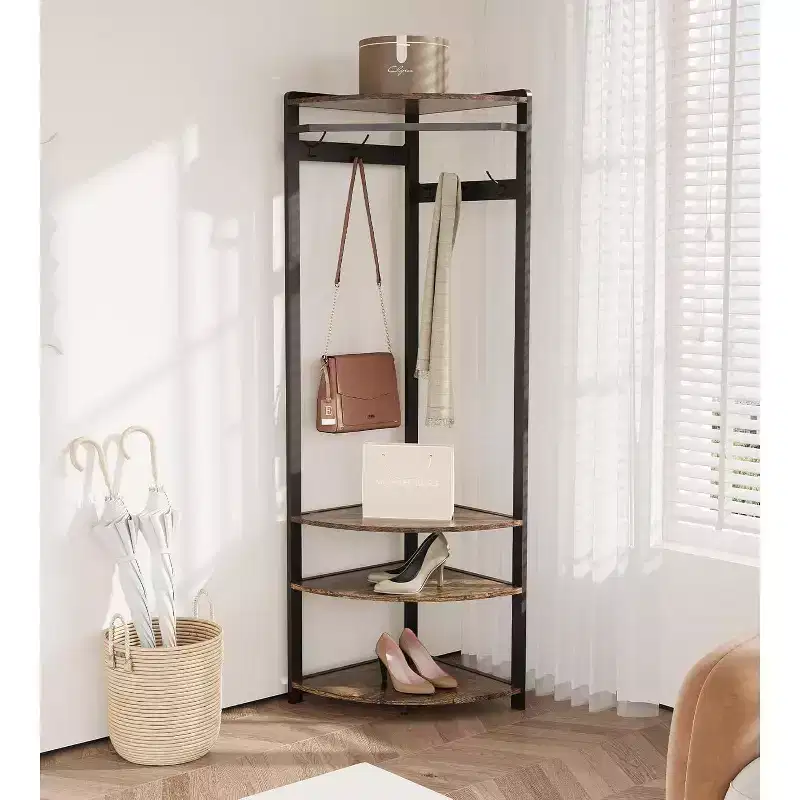 Corner Coat Rack with Storage, Entryway Coat Rack with 6 Double Hooks, Corner Hall Tree with Organizer, for Hallway, Closet