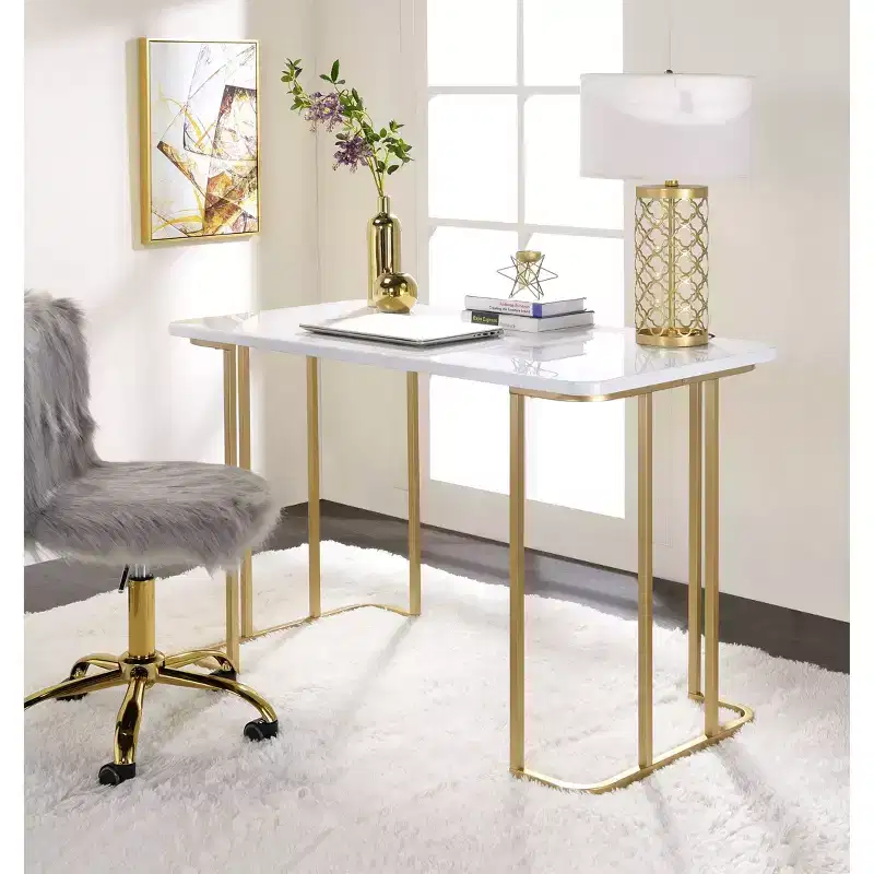 Writing Desk White/Gold: Chic Home Office, Teen & Kids' Study Table, No Storage