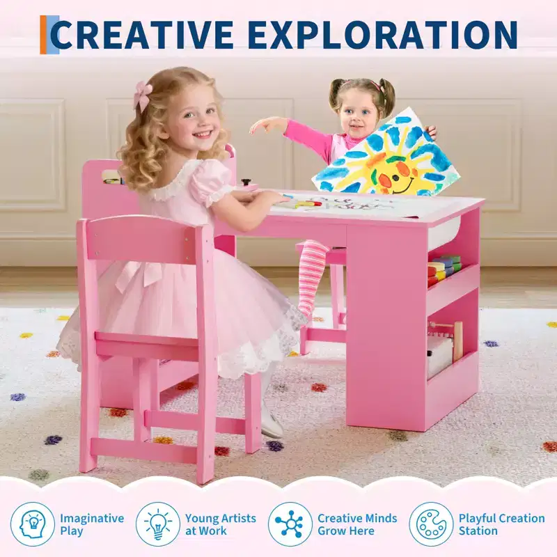 Kids Art Table with Chairs, Children's Wooden Furniture, Craft Table with Large Storage Shelves, Wooden Drawing Desk, for Classroom, Daycares, Home