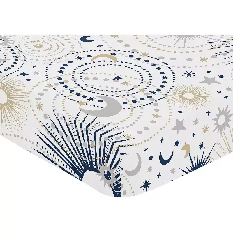 Sweet Jojo Designs Gender Neutral Baby Fitted Crib Sheet Celestial Navy Blue Gold and White