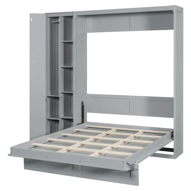 Full/Queen Size Murphy Bed Wall Bed with Small Wardrobe and LED Lights, Foldable Murphy Cabinet Bed with Storage Shelves