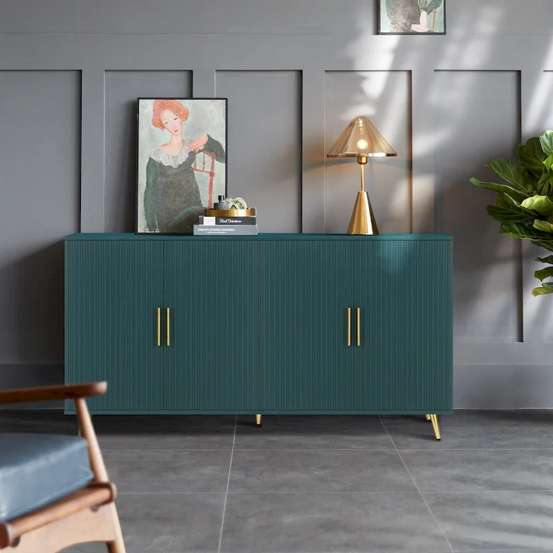 Wood Tv Stand With Storage Cabinet & Adjustable Shelves