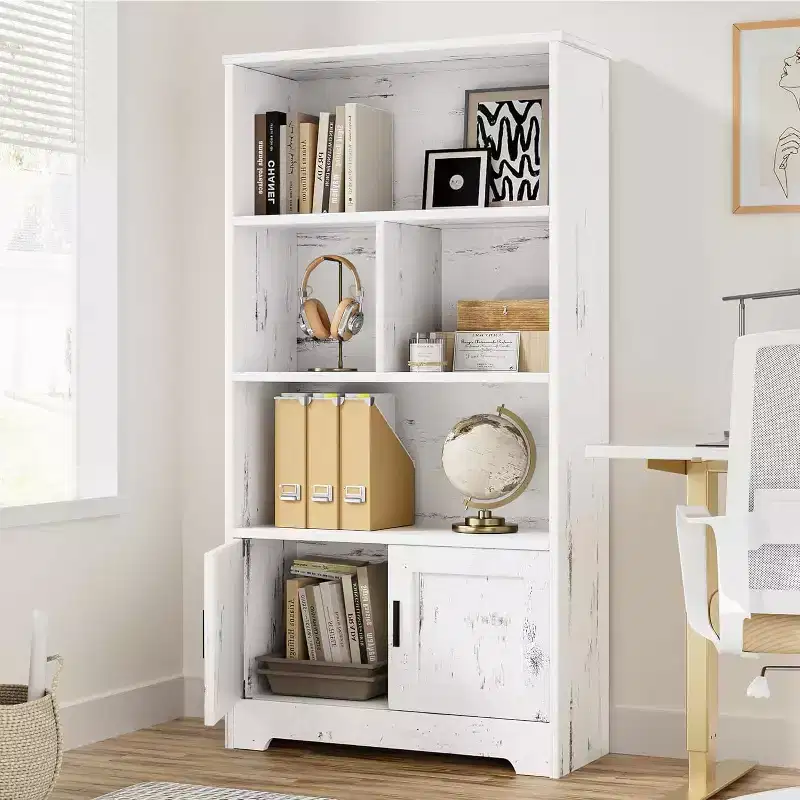 Bookcase Storage with Doors Modern Bookshelf with LED Lights Farmhouse BookcaseLarge Display Racks Book Shelf for Home Office