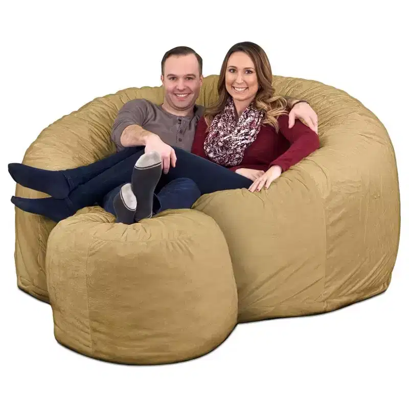 6ft Bean Bag Chair and Footstool, Oversized Lounger, Camel Suede