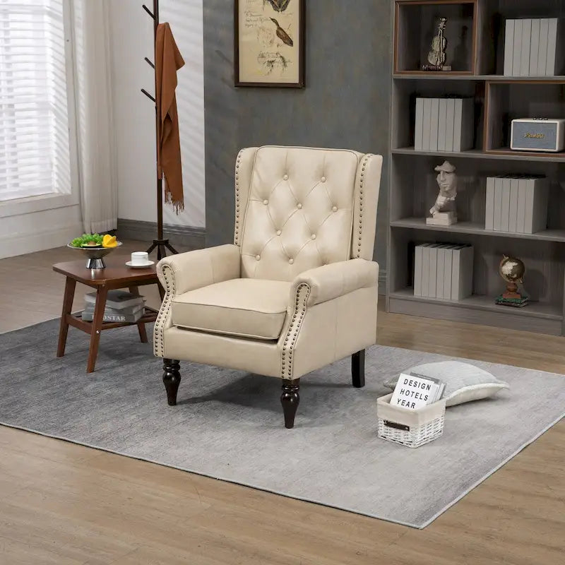 Upholstered PU Leather Accent Chair,Mid Century Button Tufted High Back Arm Chair with Armrest and Solid Wood Legs