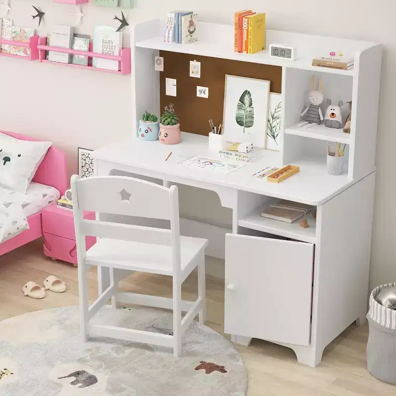 Kids Desk and Chair, Wooden Study Desk with Hutch, Storage Cabinet, Writing Desk-Computer Workstation for Kids Bedroom & Study Room, White