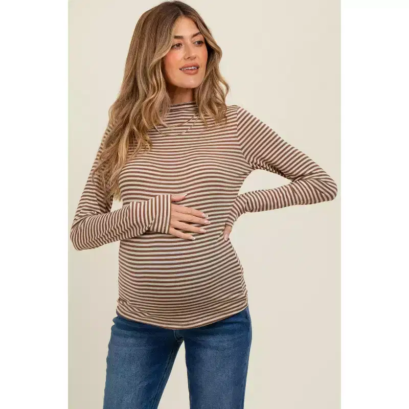 Pinkblush Mocha Striped High Neck Maternity Long Sleeve Top
