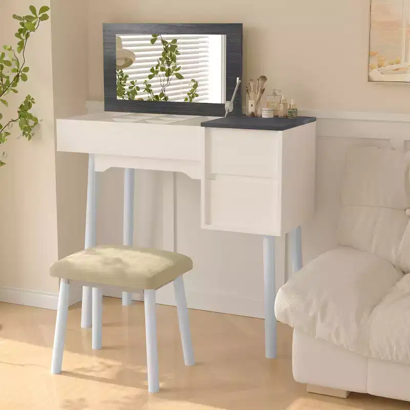 Vanity Desk with Flip Top Mirror and Padding Stool, 2 Drawers & 8 Storage Compartments, Dressing Table, White