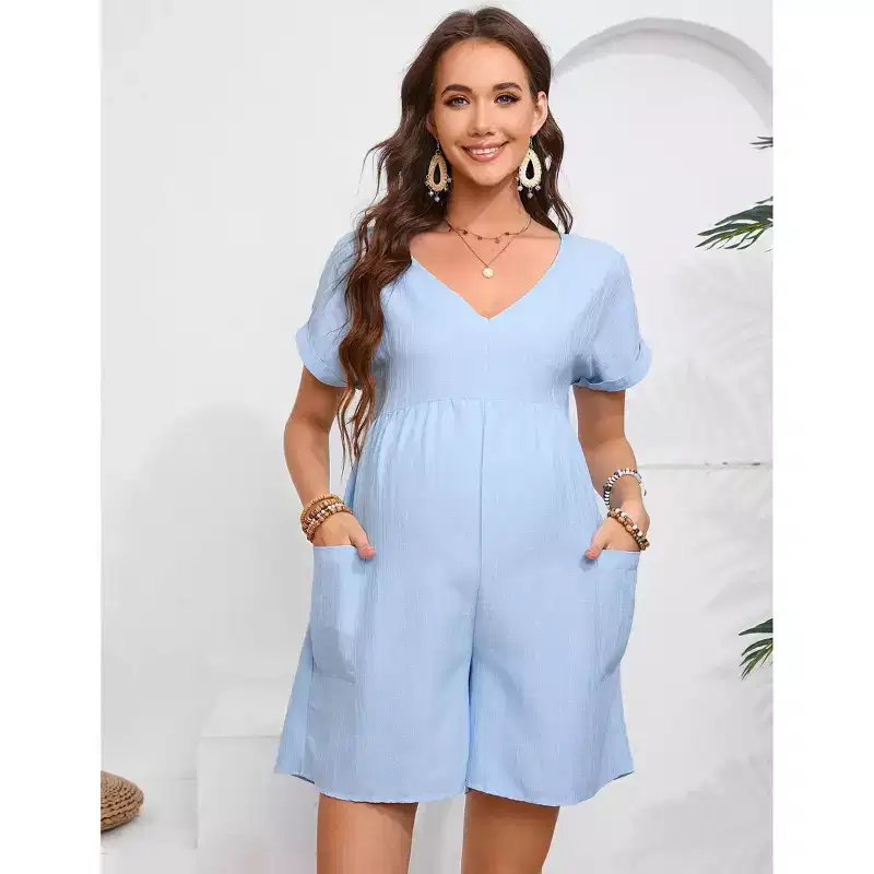 Coolmee Women's Jumpsuits V Neck Casual Summer Rolled Cuff Short Sleeve Wide Leg Short Pants High Waist Tunic Rompers with Side Pockets M Blue
