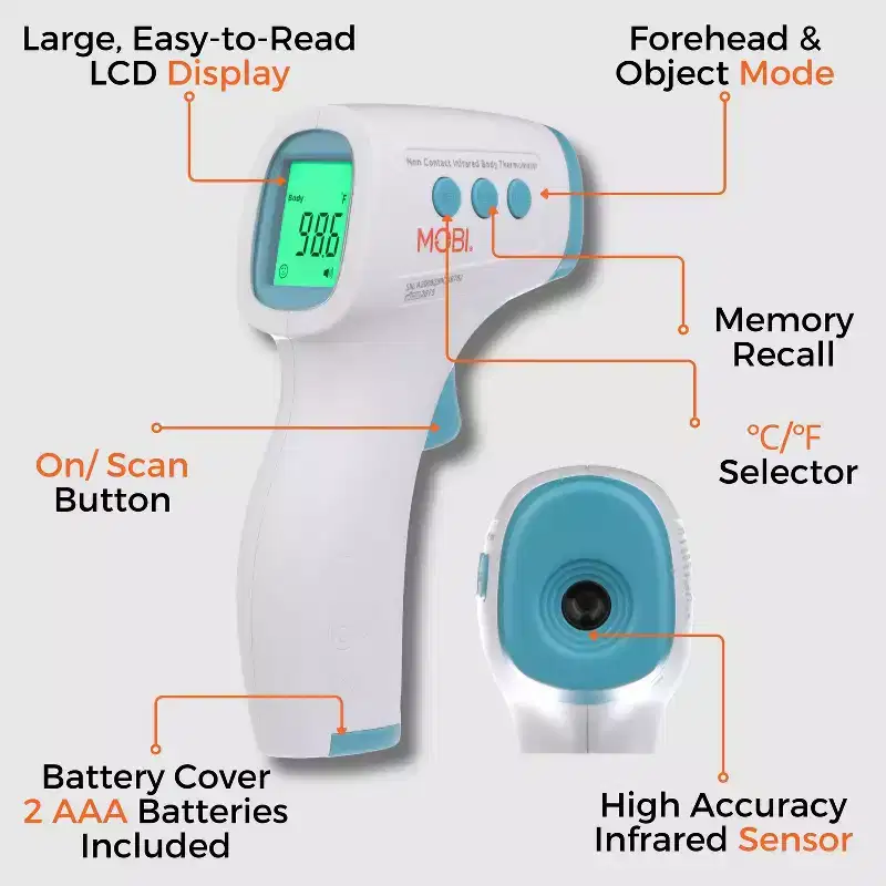 MOBI Non-Contact Thermometer Infrared Forehead Temp Checker for Baby, Kids' and Adults: Health Thermometer, Battery-Powered