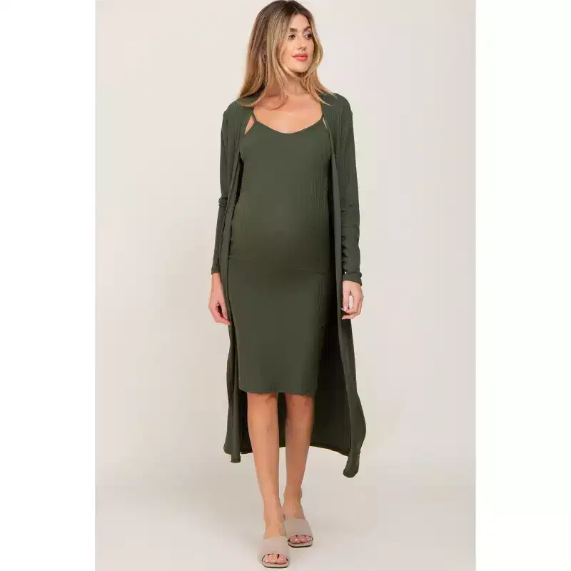 PinkBlush Olive Ribbed Cardigan 2 Piece Maternity Set