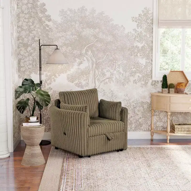 Convertible Lounge Chair with USB and 2 Pillows, Single Sofa Bed Pullout Sleeper
